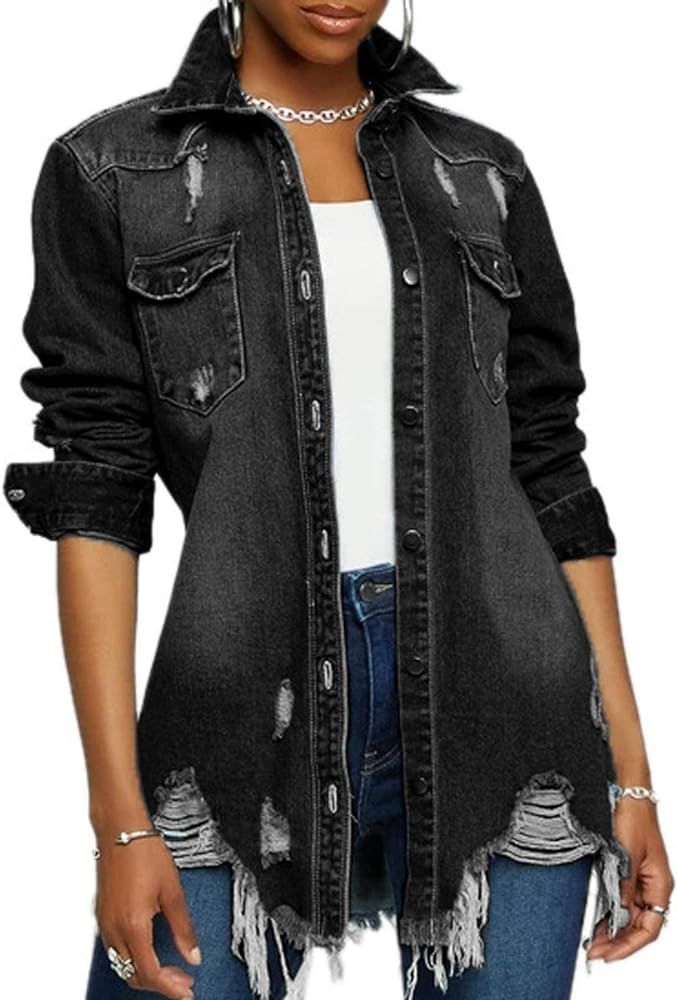 DvaeMalligo Distressed Jean Jacket for Women Ripped Long Sleeve Oversized Denim Trucker Jackets | Amazon (US)