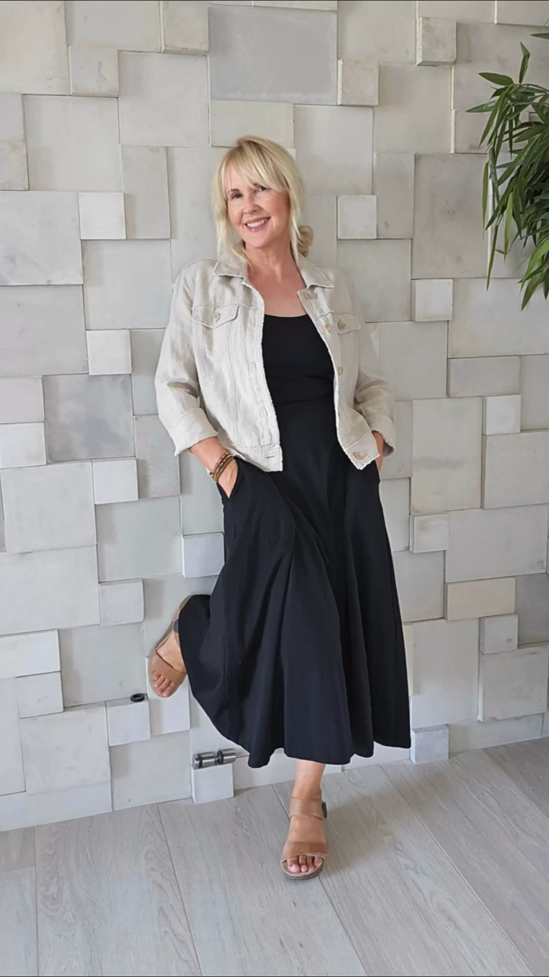 This lovely midi dress is made from soft organic cotton, and has a touch of stretch — making it both stylish and comfortable. It has a built-in shelf bra and a cool-looking back. I’m wearing it with  a linen jacket (that I’ve had for years) and it’s still a bestseller! My jacket is in the color “natural” and you can get it in different colors, too.#LTKStyleTip 

#LTKOver40 #LTKActive