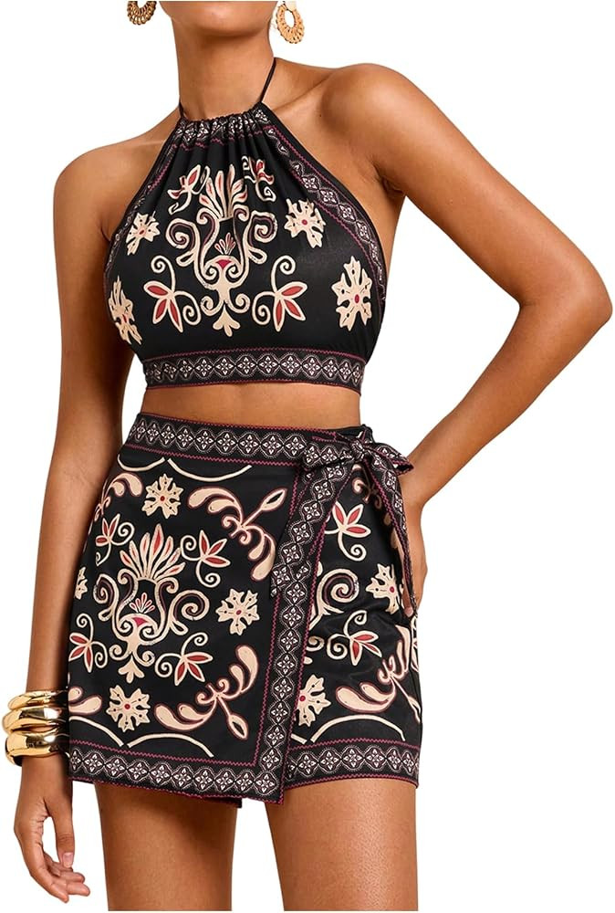 RoseSeek Women's Boho Outfits 2 Piece Floral Crop Halter Tops with Wrap Skorts Vacation Clothing ... | Amazon (US)