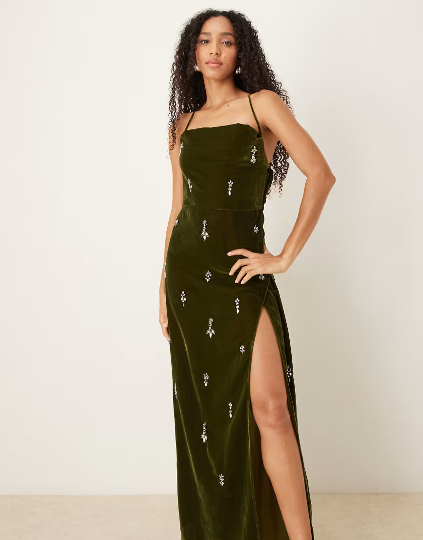 Hope & Ivy cowl neck embellished velvet maxi dress in khaki green | ASOS (Global)
