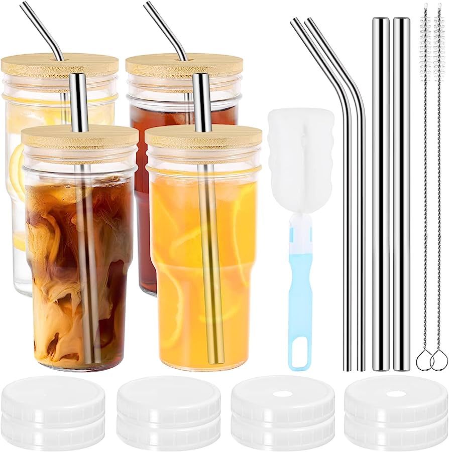 Qmioti 4 Pack Mason Jar with Lid and Straw, 22oz Wide Mouth Glass Cups, Reusable Drinking Glasses... | Amazon (US)