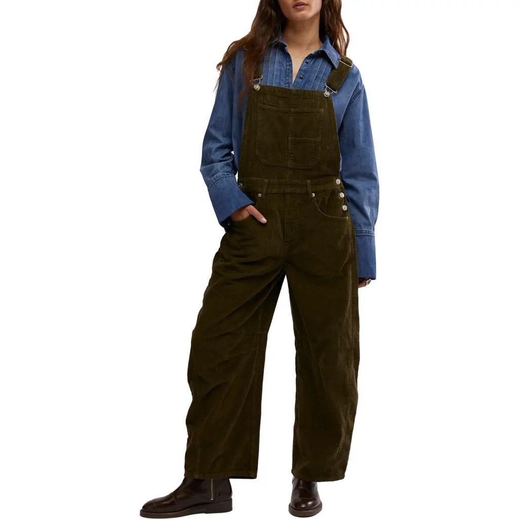 Free People Good Luck Barrel Leg Corduroy Overalls in Fir Green at Nordstrom Rack, Size Small | Nordstrom Rack
