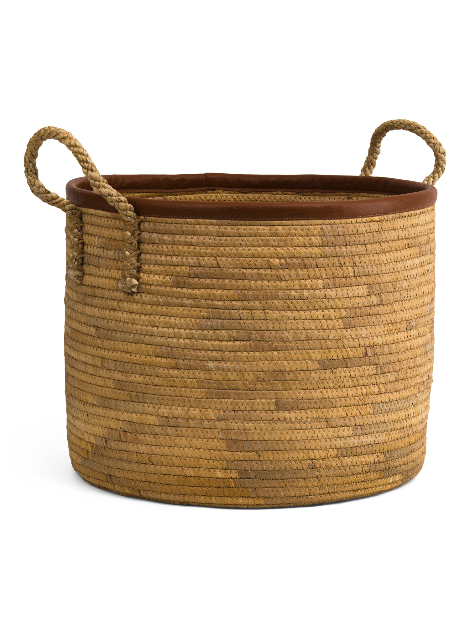 Large Round Basket With Faux Leather Rim | TJ Maxx