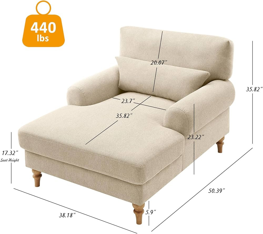 Modern Chaise Lounge Chair with Adjustable Backrest, Upholstered Indoor Leisure Sofa Recliner, Chair Sleeper with Solid Wood Legs for Bedroom, Living Room, Study Room, Office, Smoke White | Amazon (US)