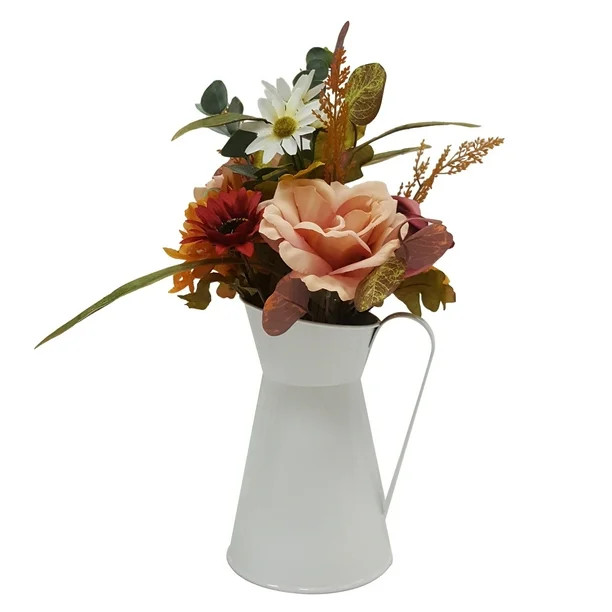 Farmhouse Multi-Colored Floral Arrangement in White Metal Pitcher | Walmart (US)