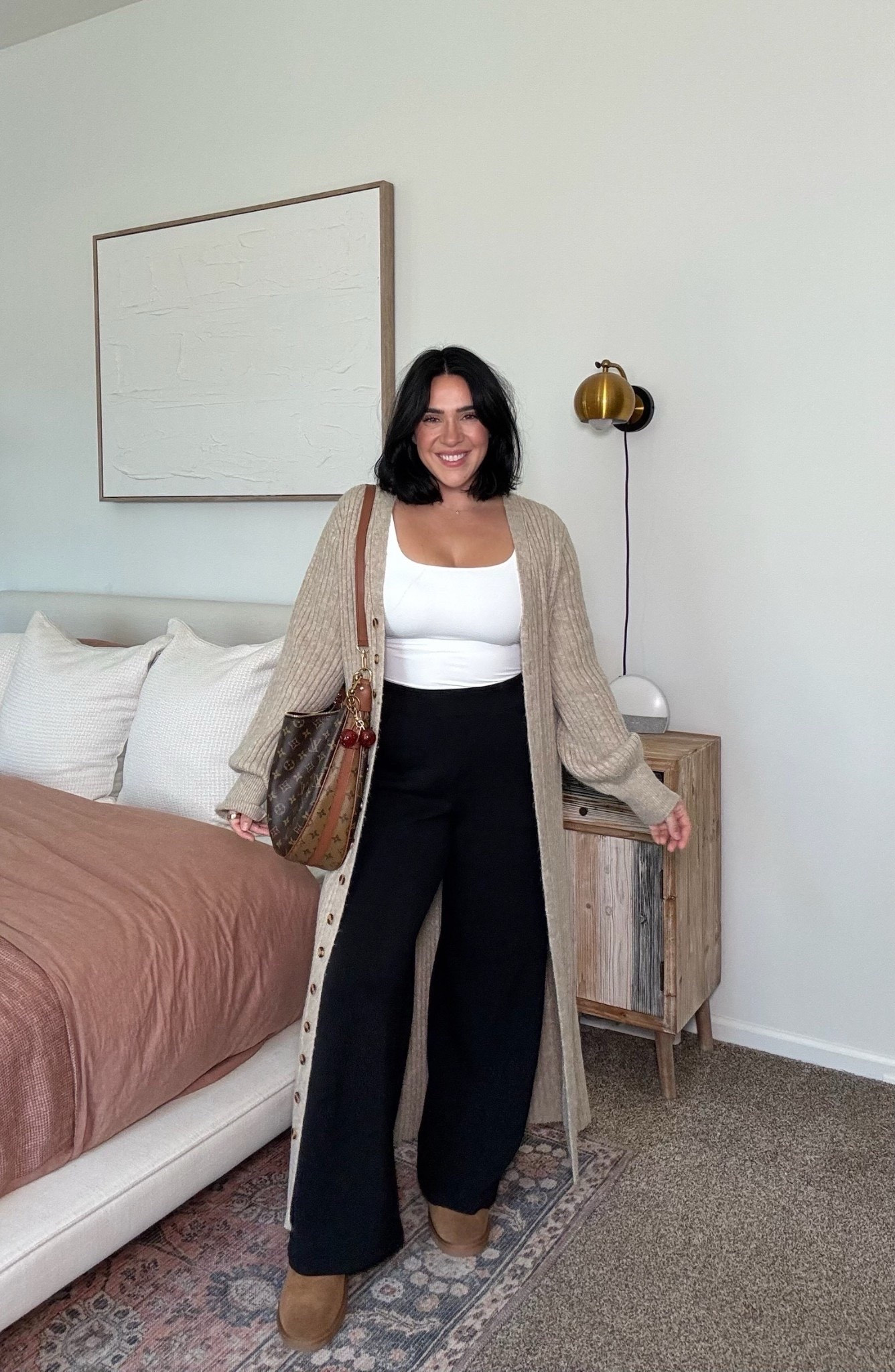 One of my fav ways to style the spanx wide leg pants. This cardigan is amazing- so versatile. Smoothing but not too tight undies: size L, bra size L (no wires). Pants size L, run a tad long but I went with regular length at 5’5. Code ninaxspanx for undies and pants. Pants were stretchy and soft with pockets. Tank size L, it’s double lined. Sweater size L, a little oversized could have done M. 

#LTKSeasonal #LTKFindsUnder50 #LTKMidsize
