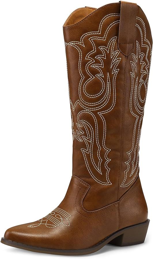 mysoft Women's Cowboy Boots Mid Calf Cowgirl Boots Embroidered Western Pointed Toe Chunky Heel Pu... | Amazon (US)