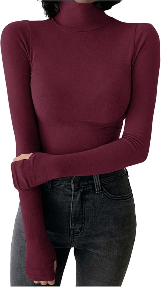 Women's Turtleneck Knitted T Shirt Long Sleeve Slim Fit Basic Tee Tops Casual Undershirts | Amazon (US)