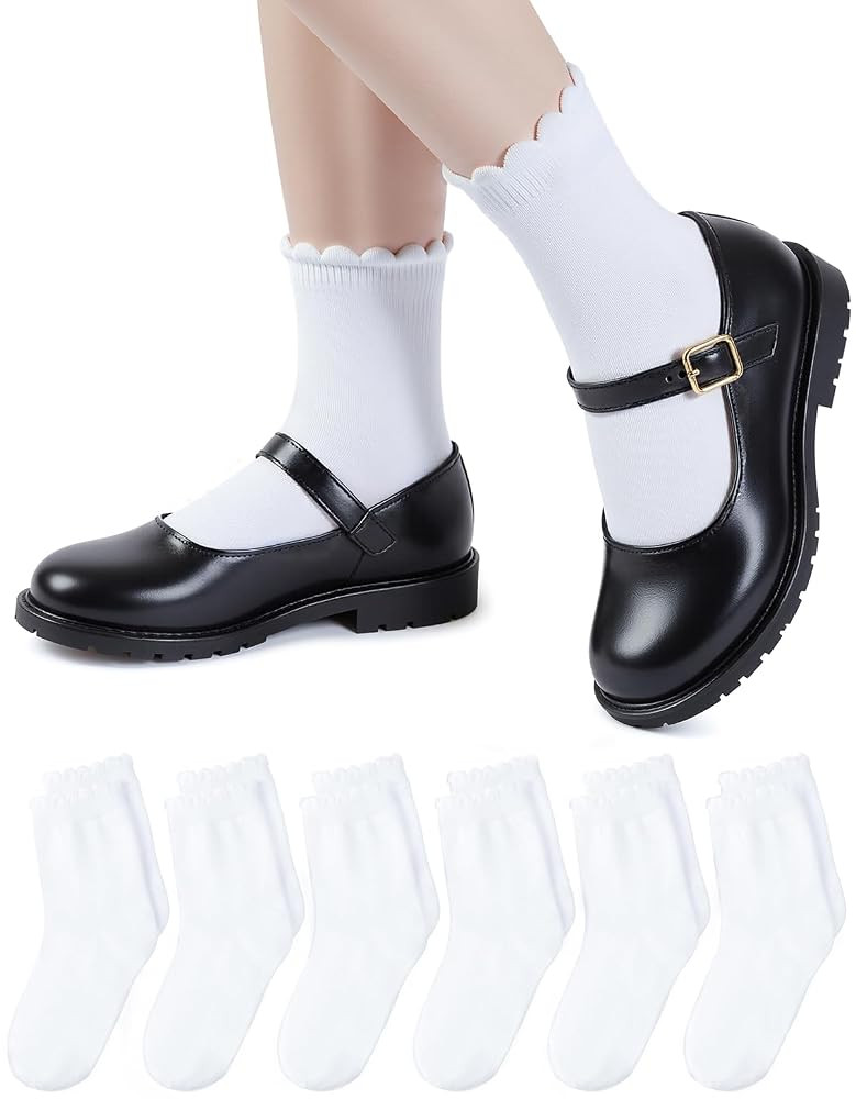 HONGTEYA 6 Pairs Girls White Ruffle Socks School Uniform Dress Socks for Kids Seamless Crew Ankle... | Amazon (US)