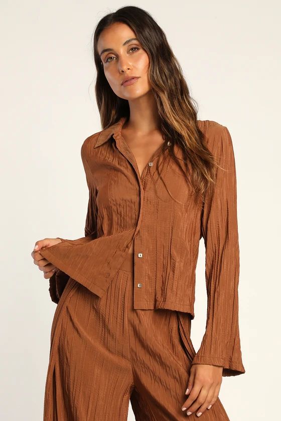 Pleat Code Brown Pleated Long Sleeve Button-Up Top | Lulus (US)