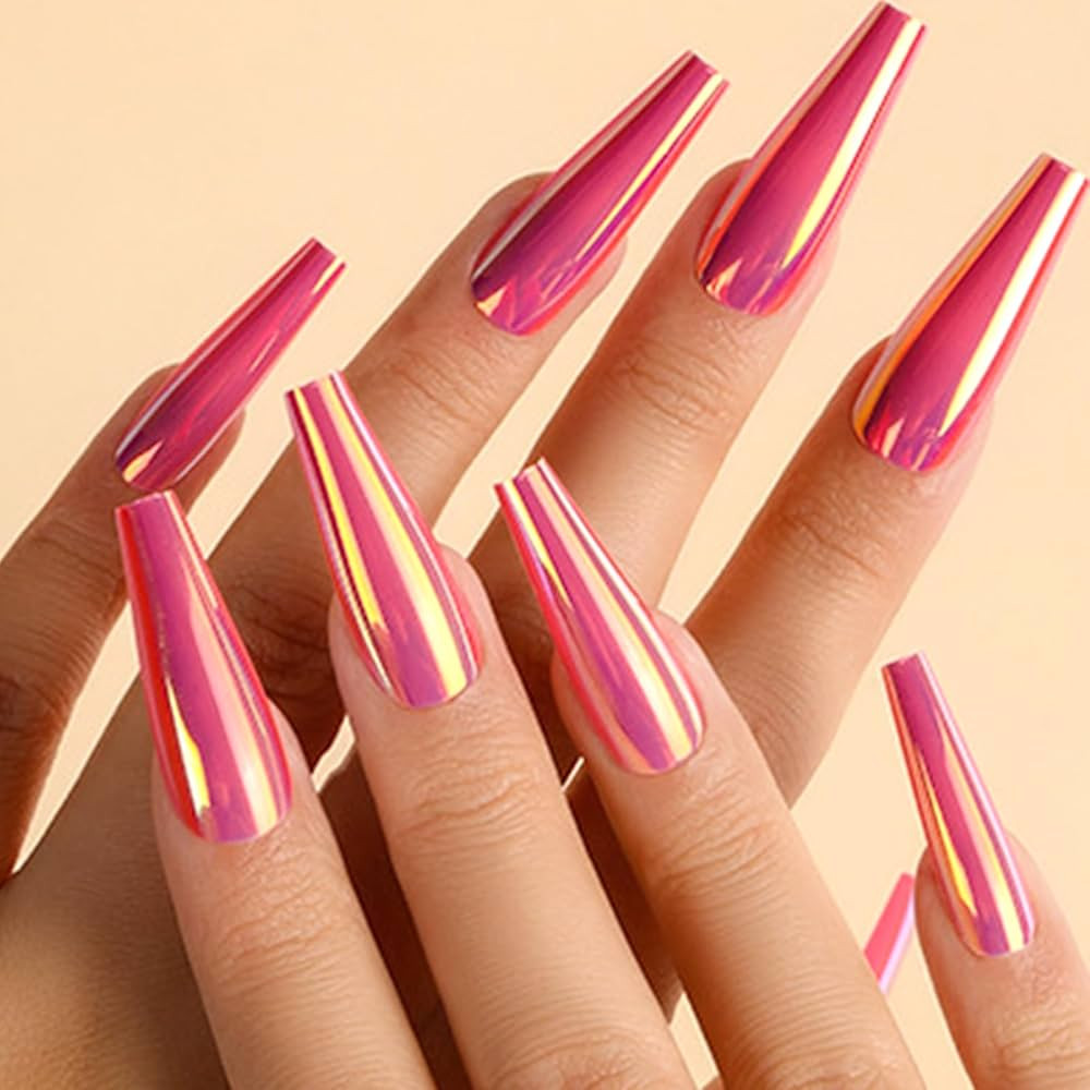 Chrome Press on Nails Long Ballet False Nails Pink Holographic Fake Nails Metallic Mirror Coffin ... | Amazon (US)