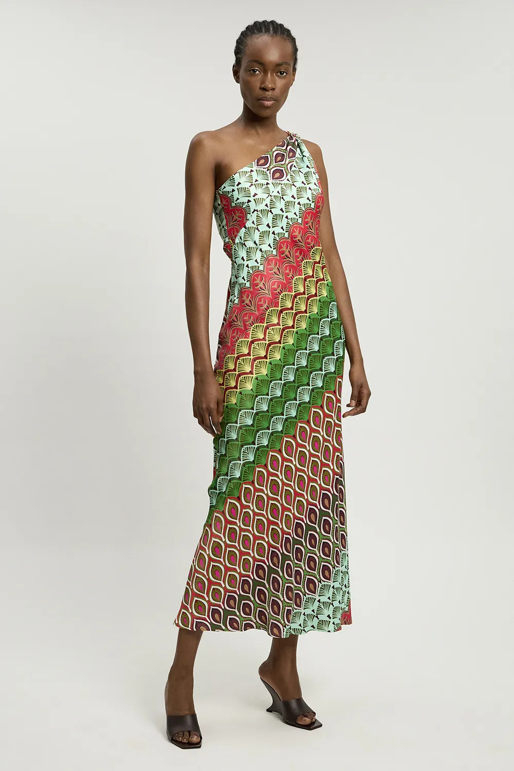 Satin Viscose Multi Print One Shoulder Maxi Dress | Karen Millen
