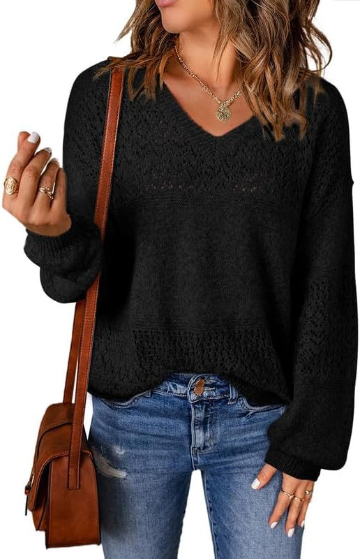 SHEWIN Womens Sweaters Casual Long Sleeve V Neck Lightweight Crochet Pullover Sweater Tops | Amazon (US)