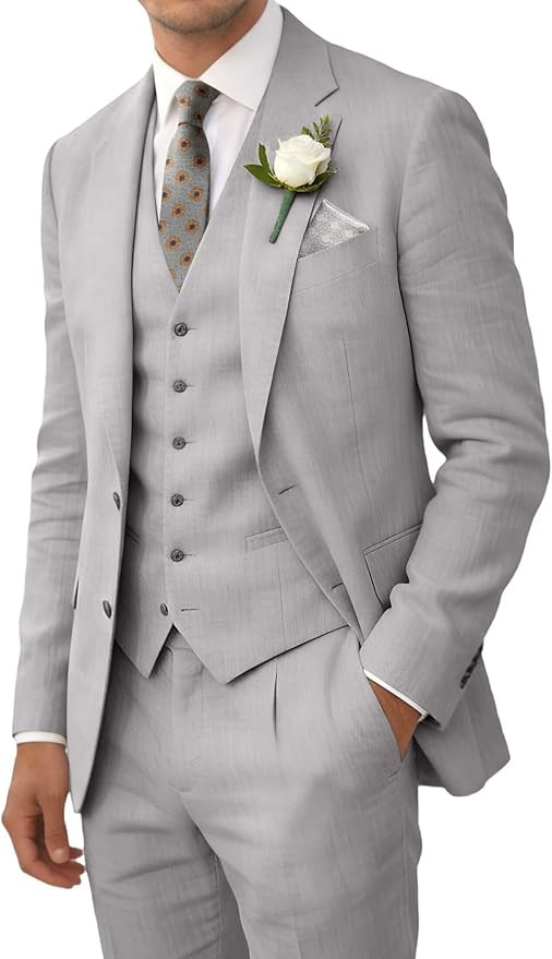 Wehilion Retro Linen Men Suits Beach Wedding Suit Summer Slim Fit 3 Pieces Light Weight Breathabl... | Amazon (US)