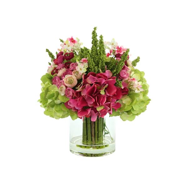 Hydrangea, Ranunculus, and Cherry Blossom Floral Arrangement in Vase | Wayfair North America