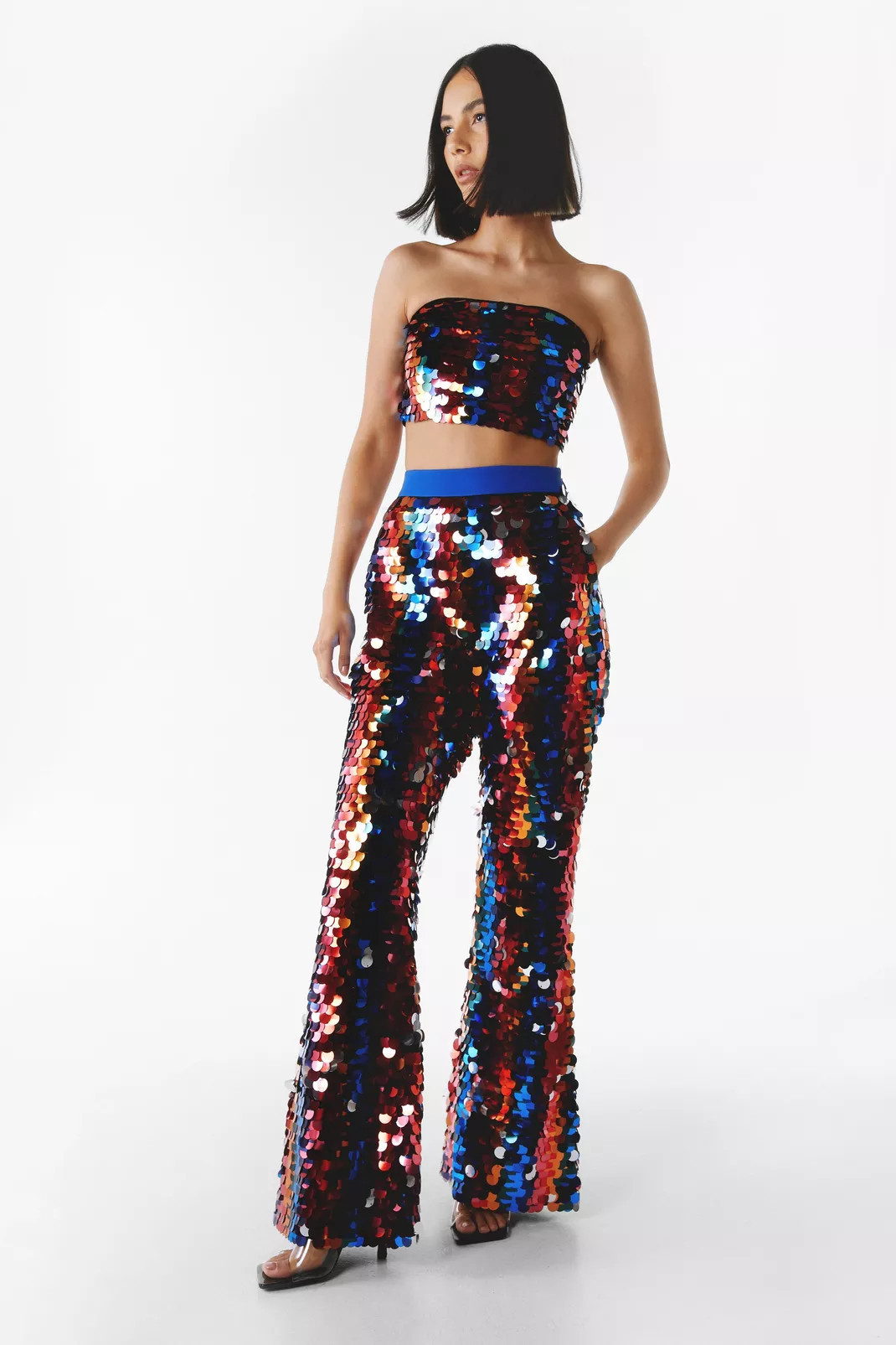 Premium Striped Disc Sequin Flare Pants | Nasty Gal (US)