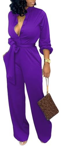 Purple Jumpsuits for Women Dressy Long Sleeve Long Straight Pants Formal Button Down Business Jumpsuit with Pockets Belt(Small) | Amazon (US)
