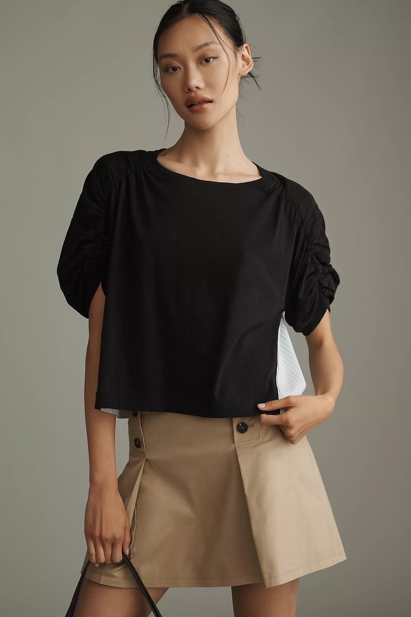Maeve Woven & Knit Ruched-Sleeve Twofer Top | Anthropologie (US)