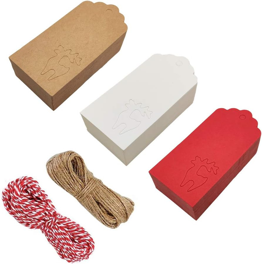 Amazon.com: 150 pcs Gift Paper Tags, Three Colors Red White Brown Christmas Reindeer Design with ... | Amazon (US)