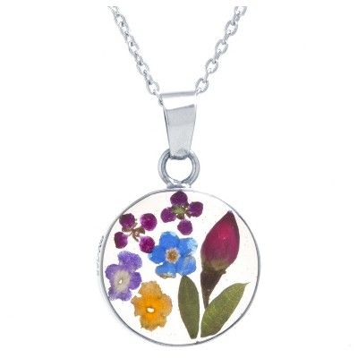 Women's Sterling Silver Pressed Flowers Circle Chain Pendant Necklace (18") | Target