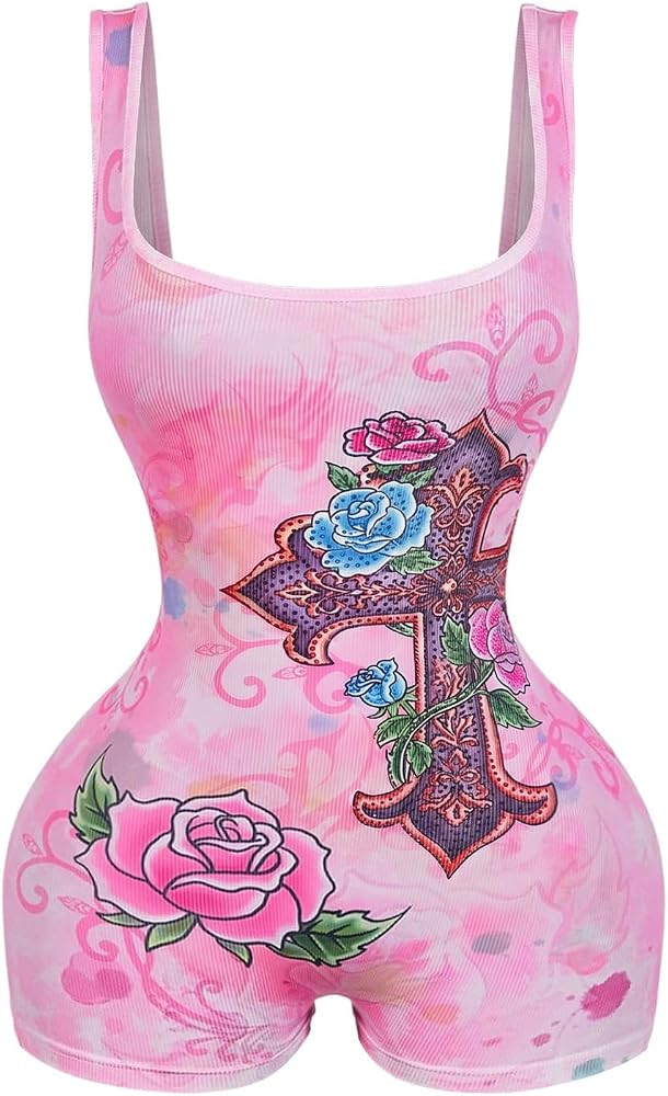 WDIRARA Women's Floral Graphic Rompers Square Neck Sleeveless Bodycon Shorts Jumpsuit Festival Cl... | Amazon (US)