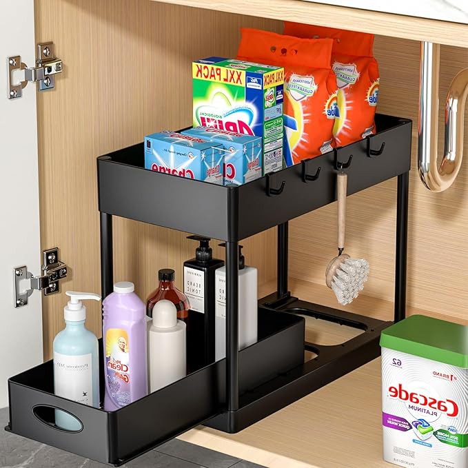PUILUO Under Sliding Cabinet Basket Organizer, 2 Tier Under Sink Organizers Black Under Sink Stor... | Amazon (US)