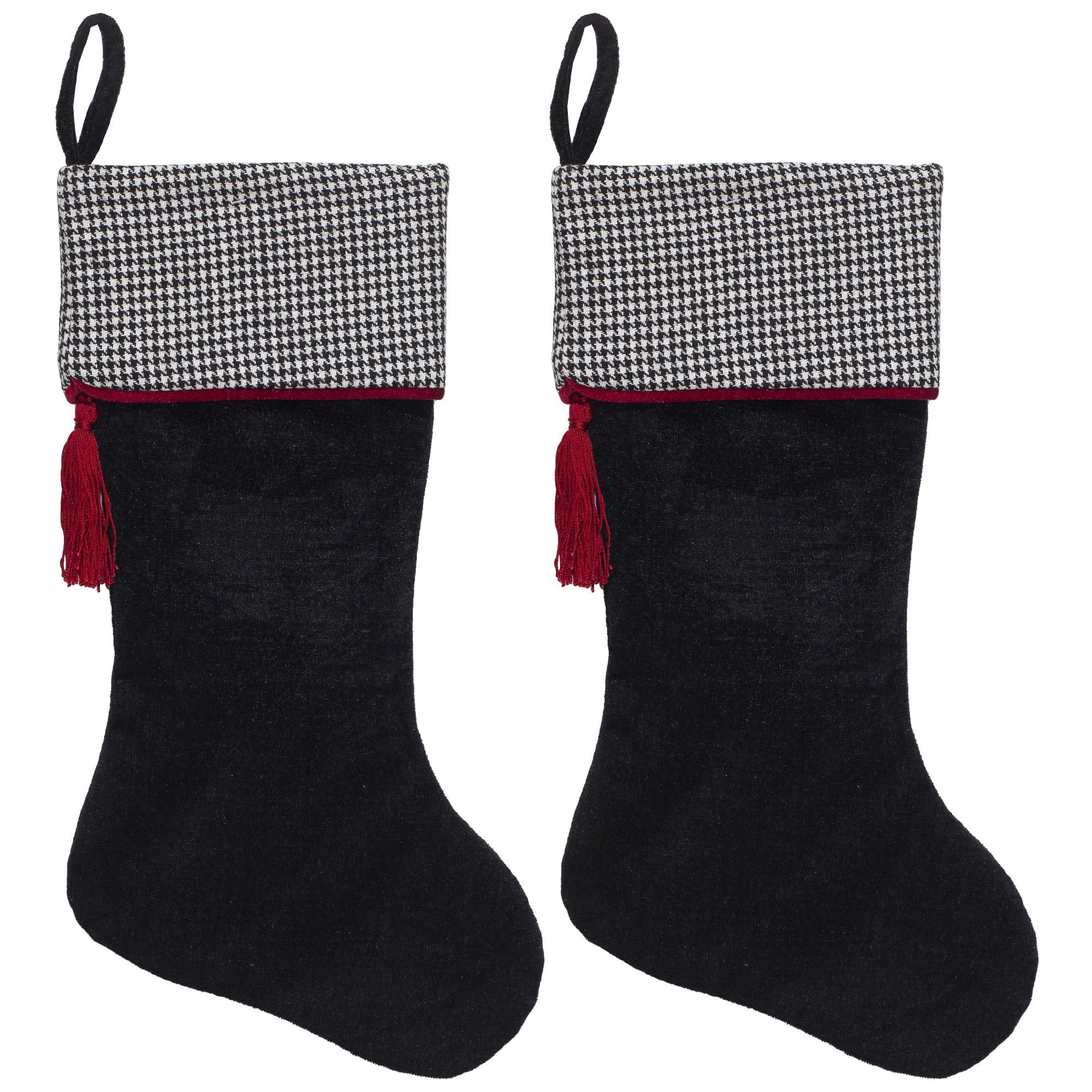 Holiday Time 20-inch Black Velvet Christmas Stocking with Houndstooth Cuff and Red Tassel, 2-Pack... | Walmart (US)
