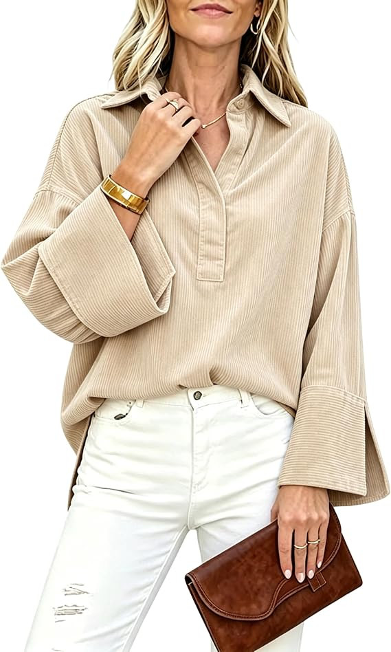 Watashi Women's Corduroy Button Down Shirt Long Sleeve Oversized Blouse | Cozy Ribbed Texture Hal... | Amazon (US)