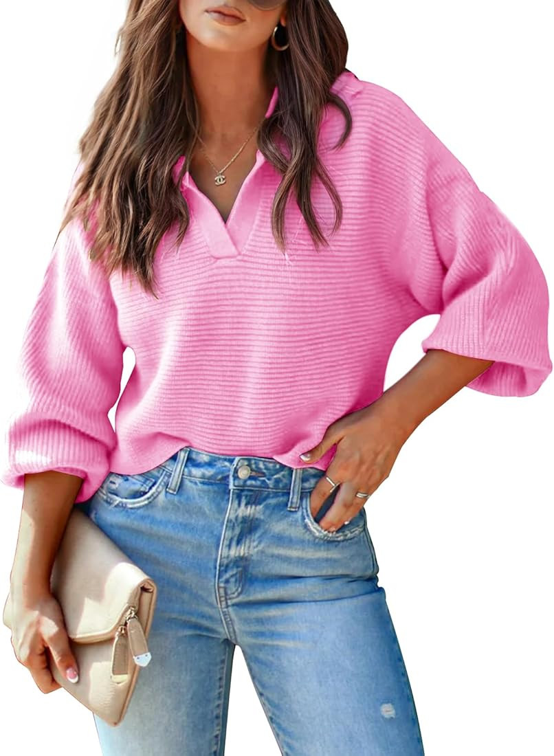 Mutitop Womens V Neck Oversized Sweater Collared Batwing Long Sleeve Ribbed Knit Pullover Casual ... | Amazon (US)