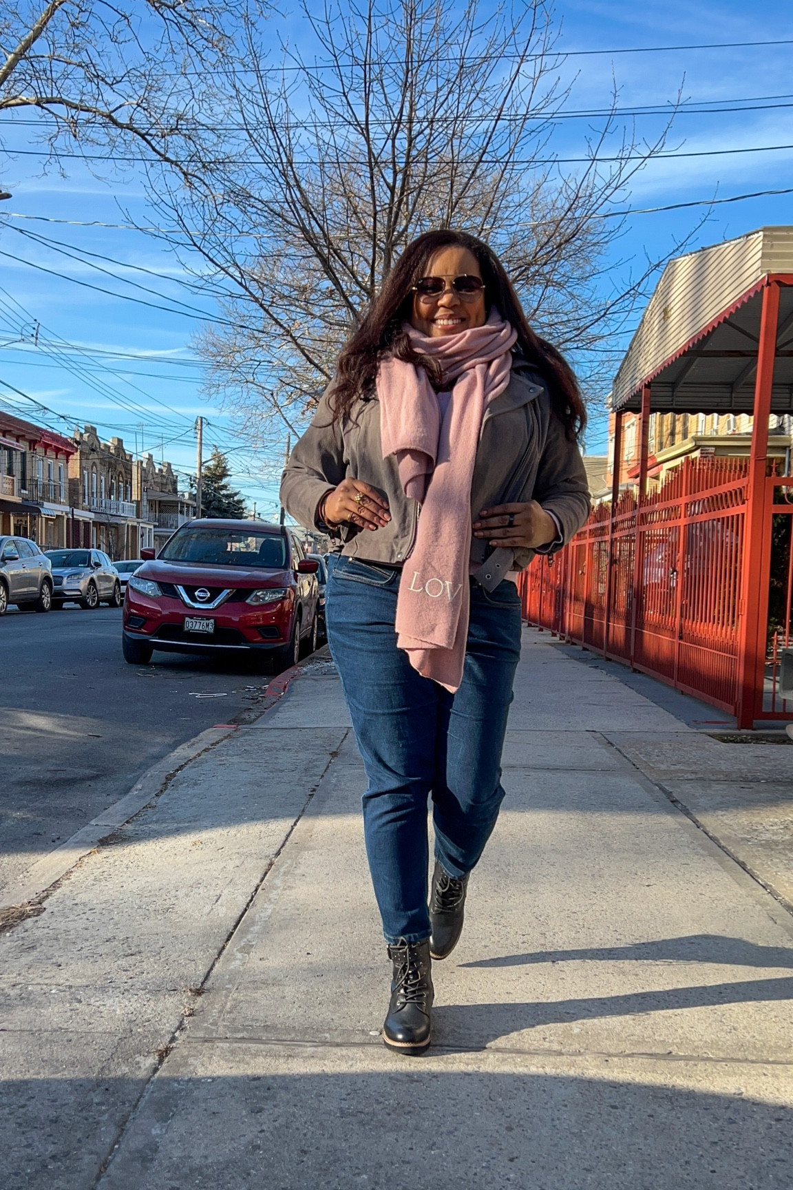 Transition to spring without freezing. Suede motor jacket, slim fit jeans, cashmere scarf, and booties.

#LTKcurves #LTKstyletip