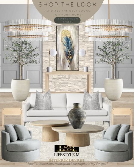 Sophisticated look for a transitional style living room idea. Round wood coffee table, grey arm chairs, gray terracotta vase, white rug, grey throw pillows, white sofa, white terracotta tree planter pot, realistic faux fake olive tree, wood console table, wood end table, feather wall art, modern brass table lamp, round brass glass chandelier.

#LTKhome #LTKstyletip #LTKFind