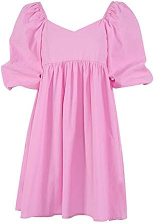 KSFBHC Loose A Line Women Dress Short Puff Sleeve Dress High Waist Pleated Summer Dresses (Color : P | Amazon (US)