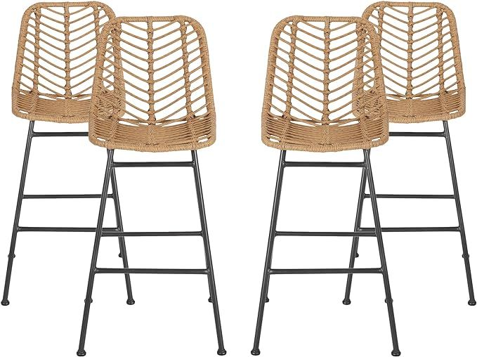 Great Deal Furniture Angela Outdoor Wicker Barstools (Set of 4), Light Brown and Black | Amazon (US)