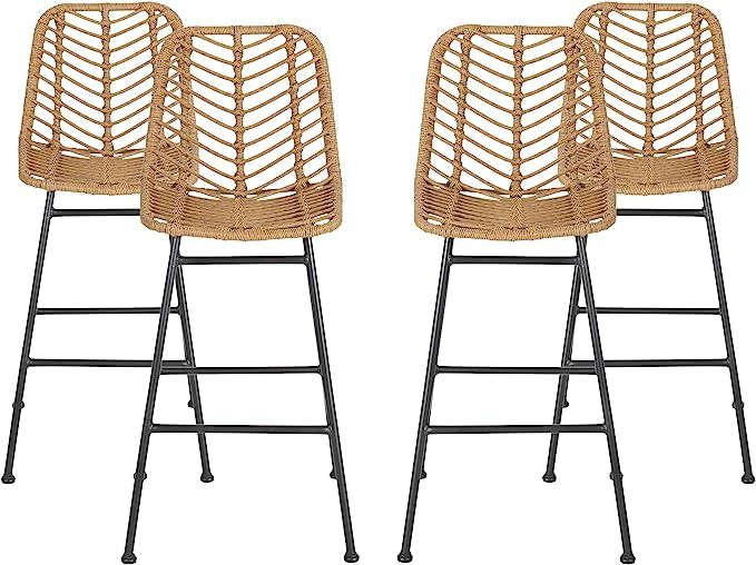 Great Deal Furniture Angela Outdoor Wicker Barstools (Set of 4), Light Brown and Black | Amazon (US)