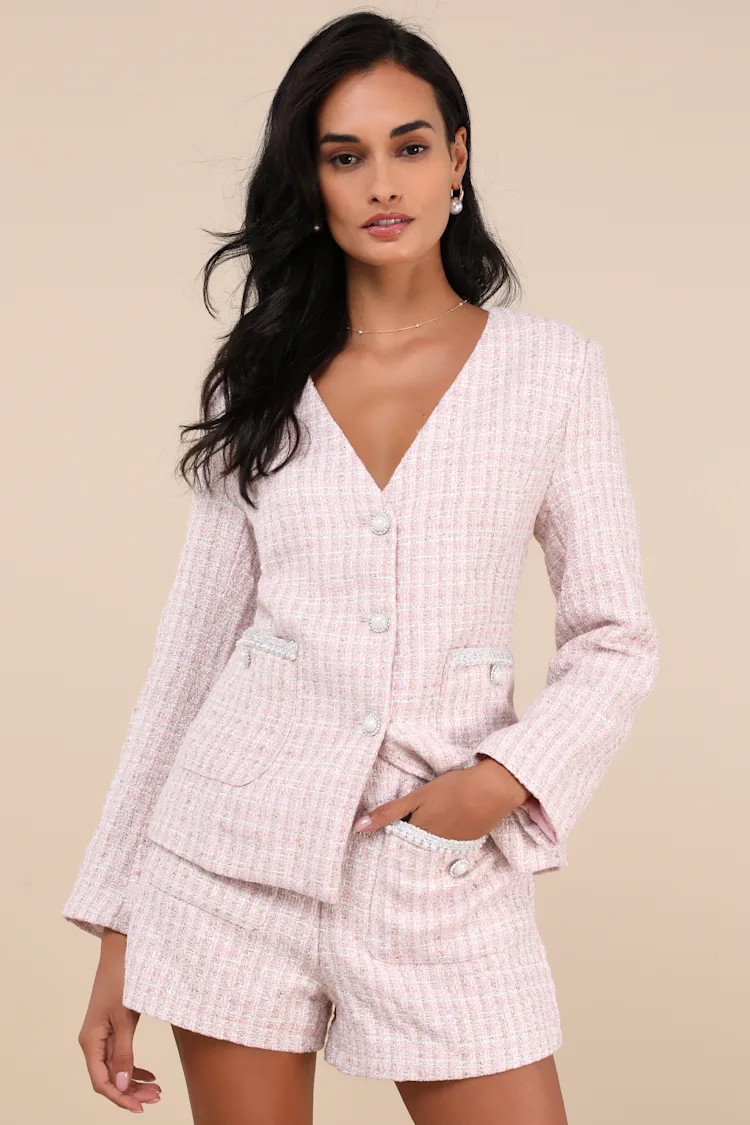 Adept Sophistication Light Pink Tweed Lurex High-Waisted Shorts | Lulus