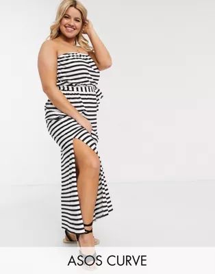 ASOS DESIGN Curve bandeau maxi dress with belt in black and white stripe | ASOS (Global)