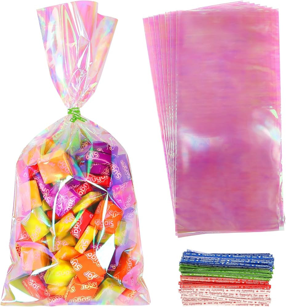 JOINDO 100PCS Iridescent Treat Bags,5x11 inch Holographic Goodie Bags with Twist Ties, Cellophane... | Amazon (US)