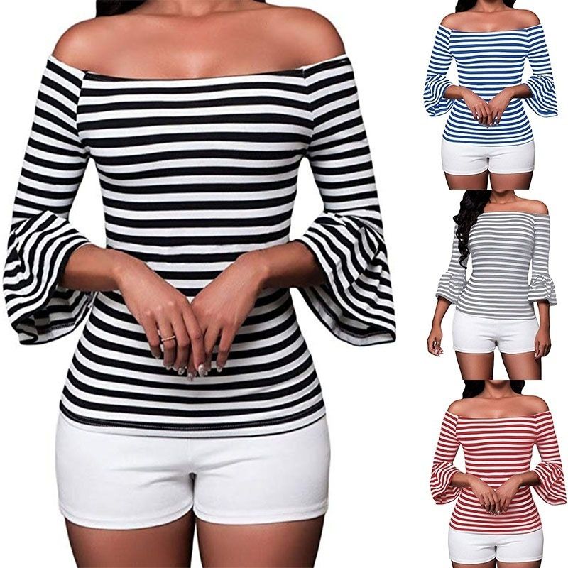 Women's Summer Fashion Casual Off Shoulder Striped Long Sleeve Party Tops Blouses | Walmart (US)