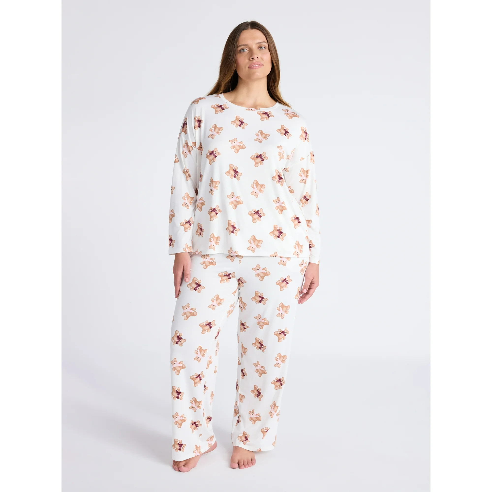 Joyspun Women's Dreamy Soft Collection Long Sleeve Sleep Top and Straight Leg Pants Pajama Set, 2... | Walmart (US)