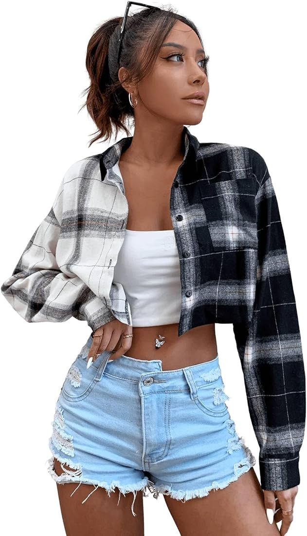 Floerns Women's Long Sleeve Collar Button Down Plaid Crop Top Blouse | Amazon (US)
