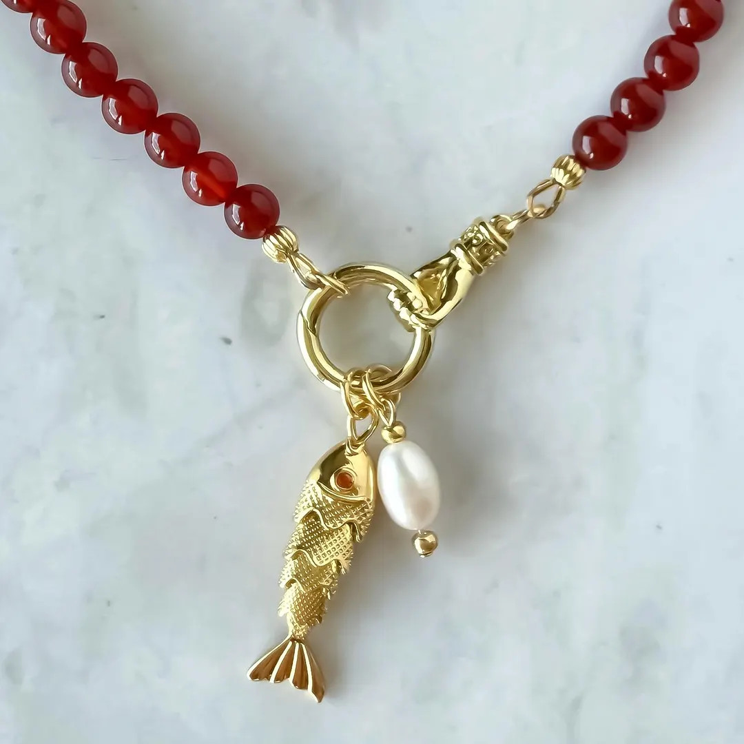 Red Carnelian Beaded Necklace: Articulated Fish & Pearl Charms - Etsy | Etsy (Global)
