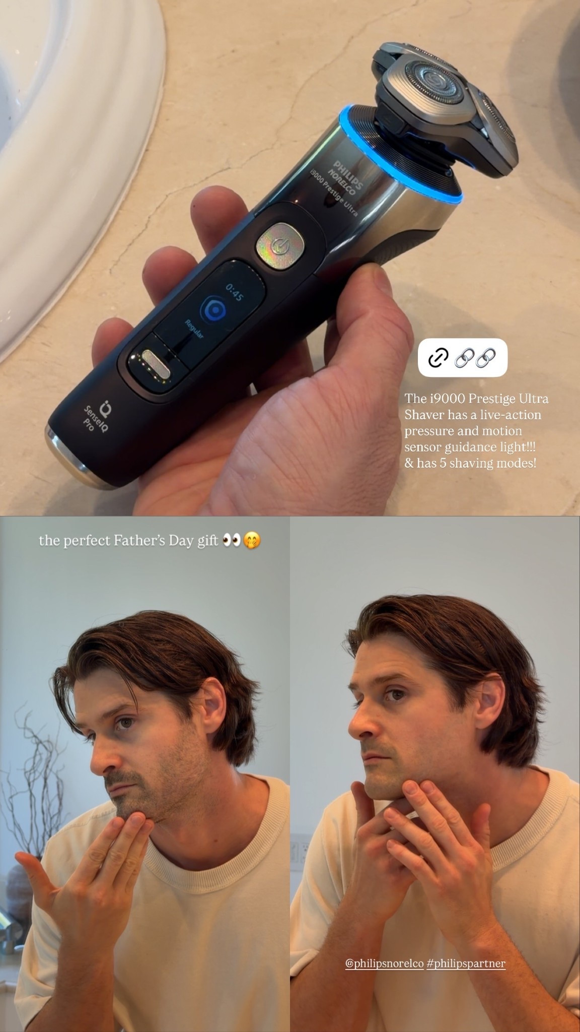 the perfect Father’s Day gift 👀🤭 The i9000 Prestige Ultra Shaver has a live-action pressure and motion sensor guidance light!!! 
& has 5 shaving modes! @philipsnorelco #philipspartner