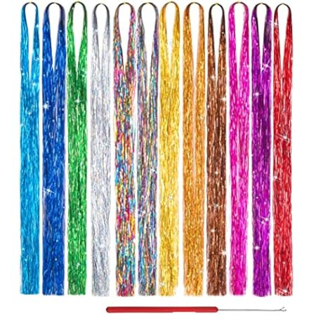 BARSDAR Hair Tinsel Kit, 16 Colors Strands Shiny Tinsel Hair Extensions Fairy Glitter Sparkling Hair | Amazon (US)