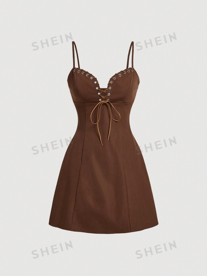 SHEIN MOD 70s Brown Metal Eyelet Drawstring Vintage Dress,School Dress,Going Out Dress,Western St... | SHEIN