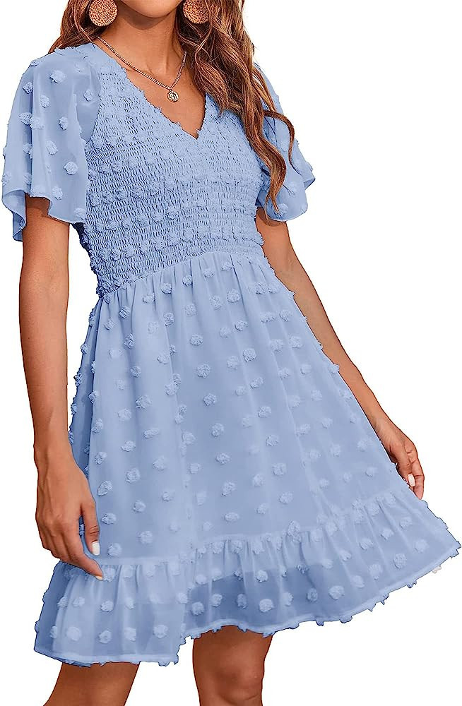BTFBM Women's V Neck Smocked Short Sleeve Casual Dress Swiss Dot Swing Flowy Ruffle Hem Mini Beac... | Amazon (US)