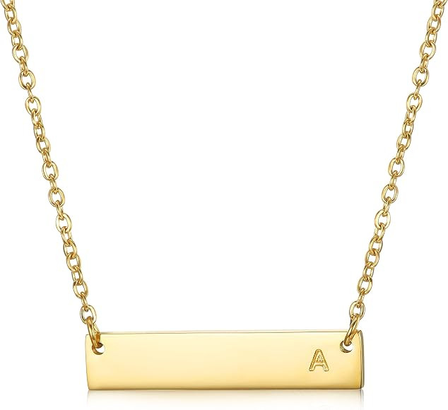 Stainless Steel Gold Tone Initial Bar Necklace Alphabet Pendant Necklace 16" with 2" Extender Mot... | Amazon (US)