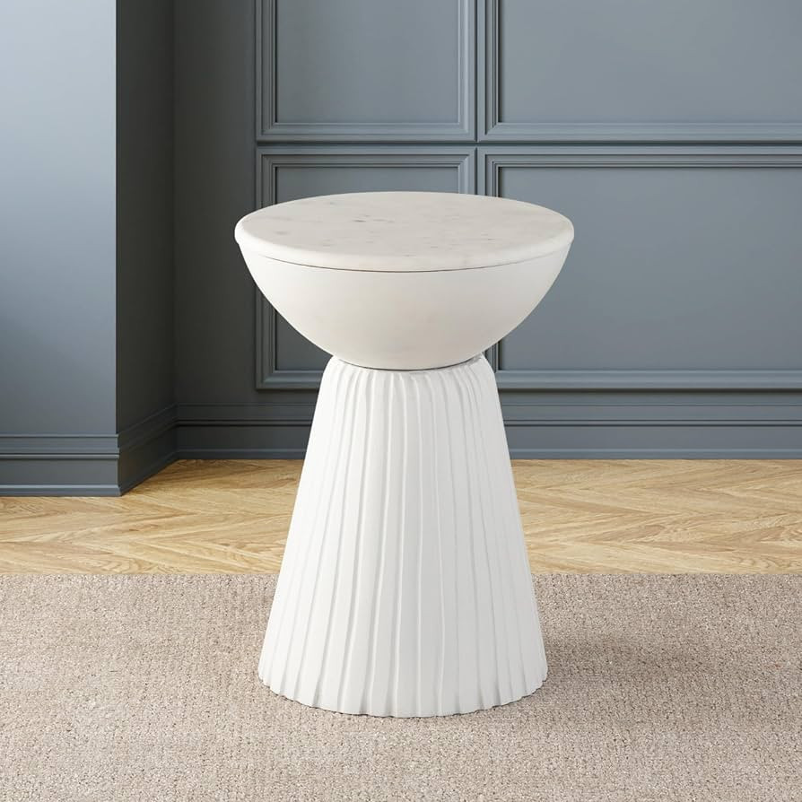 Marble Top Solid Mango Wood Decorative Cylindrical Pedestal Side Table, Contemporary Accent Side/... | Amazon (US)