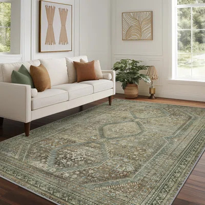 Vintage Neutral Oriental Green / Beige Machine Washable Non-Slip Indoor Area Rugs | Wayfair North America