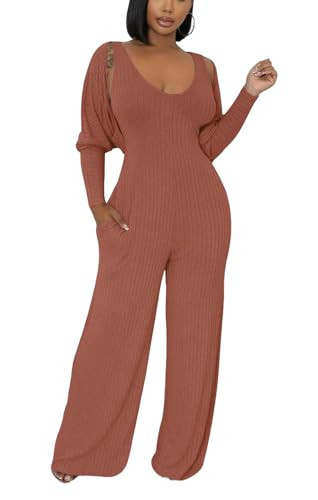 Annystore Sexy 2 Piece Outfit for Women Fall Outfit Ribbed Jumpsuit Long Sleeve Open Front Y2k Cardigan Wide Leg Pants Set Clubwear Tracksuit Brown M | Amazon (US)