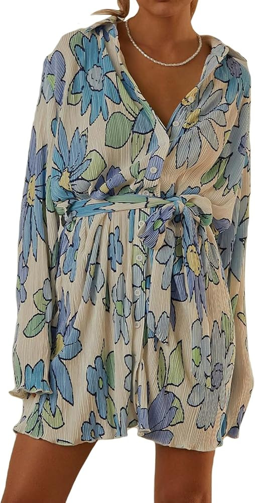 KMBANGI Women Button Down Shirt Dress Sexy Pleated Long Sleeve Waist Tie Mini Dress Tunic Top V Neck | Amazon (US)